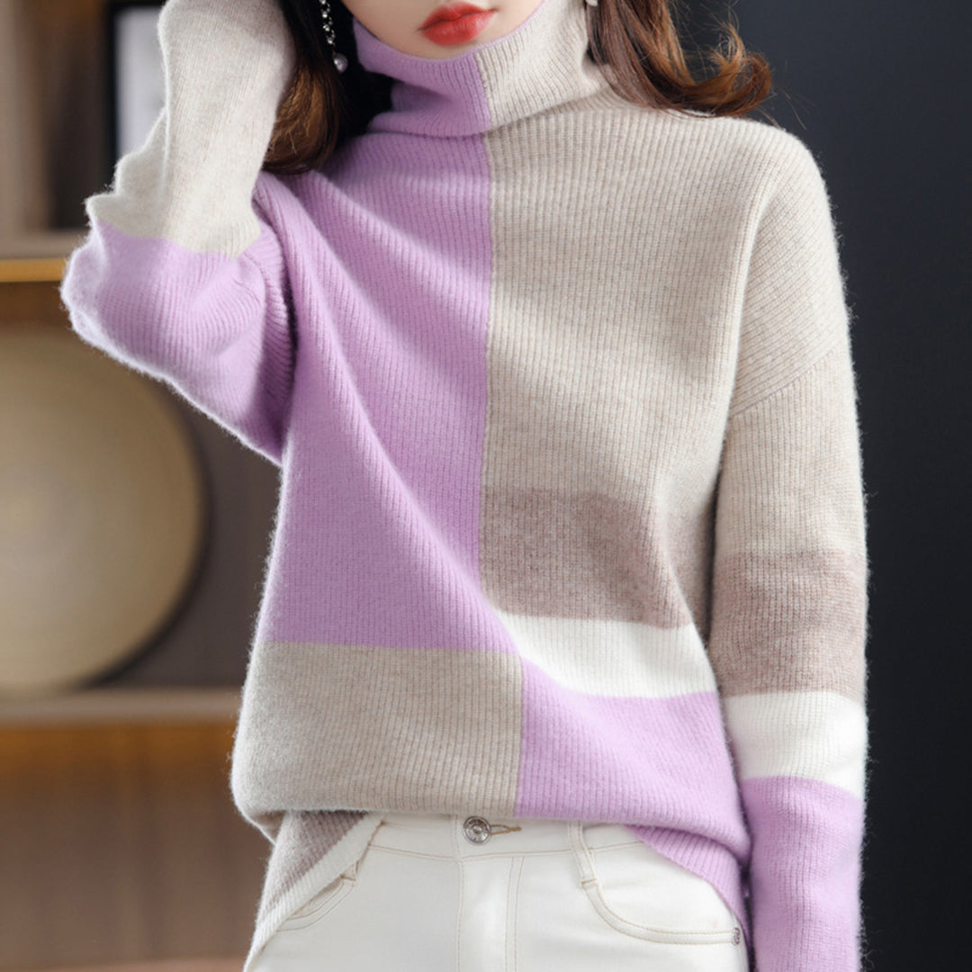 Karin | Damen Rollkragen Strickpullover mit Blockmuster