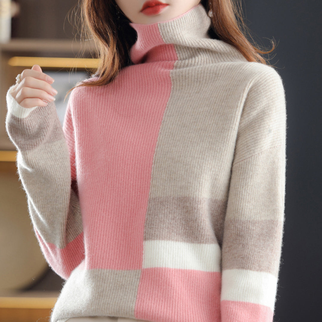 Karin | Damen Rollkragen Strickpullover mit Blockmuster