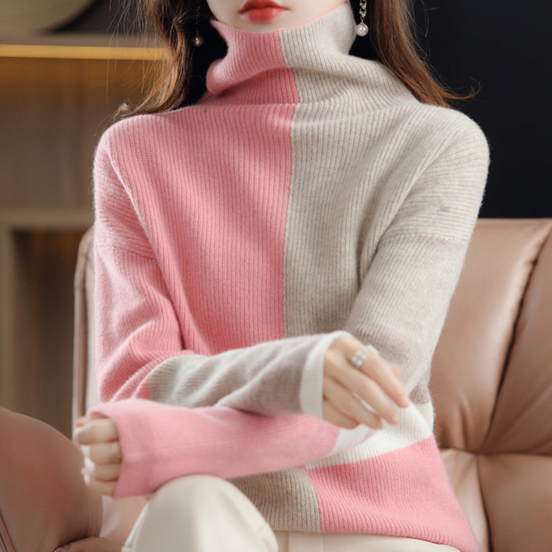 Karin | Damen Rollkragen Strickpullover mit Blockmuster