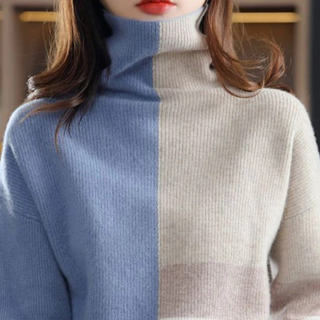 Karin | Damen Rollkragen Strickpullover mit Blockmuster