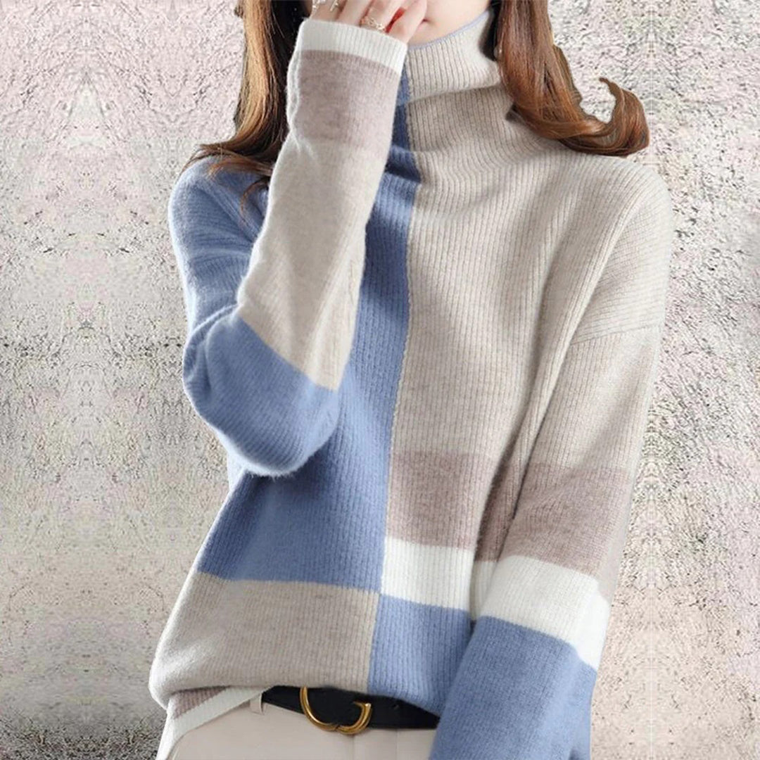 Karin | Damen Rollkragen Strickpullover mit Blockmuster