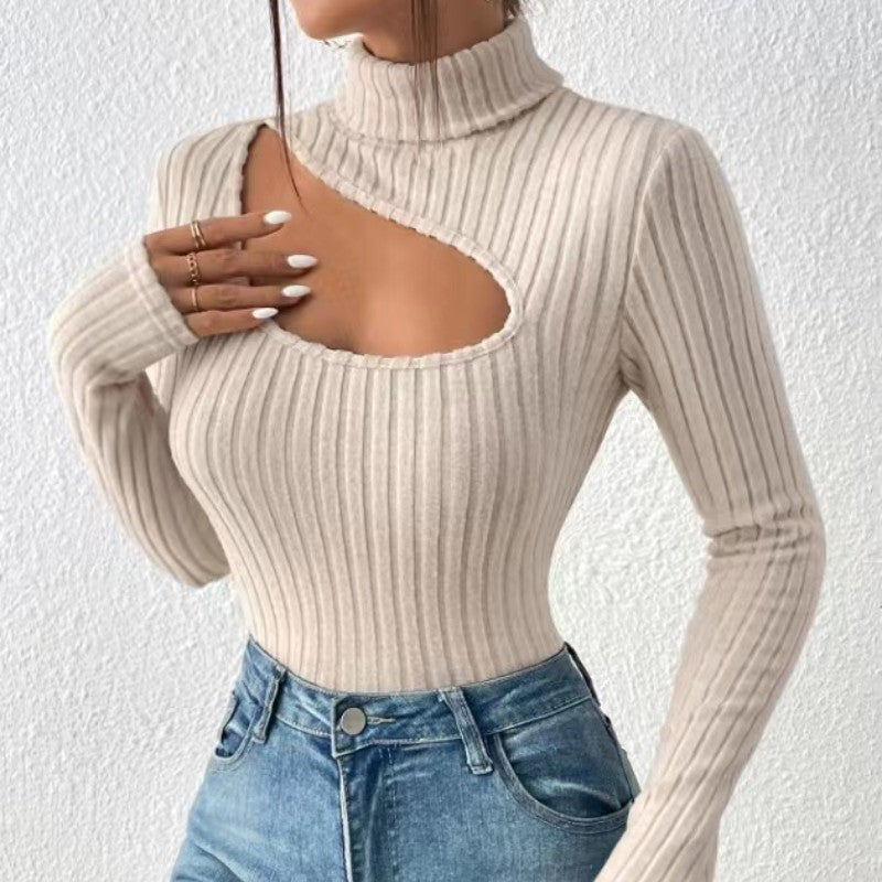 Julia | Damen Cut Out Rippstrick Rollkragen Top