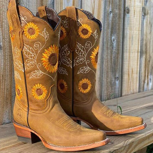 Stefanie | Elegante Stiefel mit Sonnenblumen-Stickerei