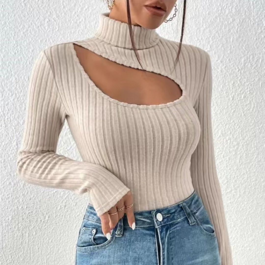 Julia | Damen Cut Out Rippstrick Rollkragen Top