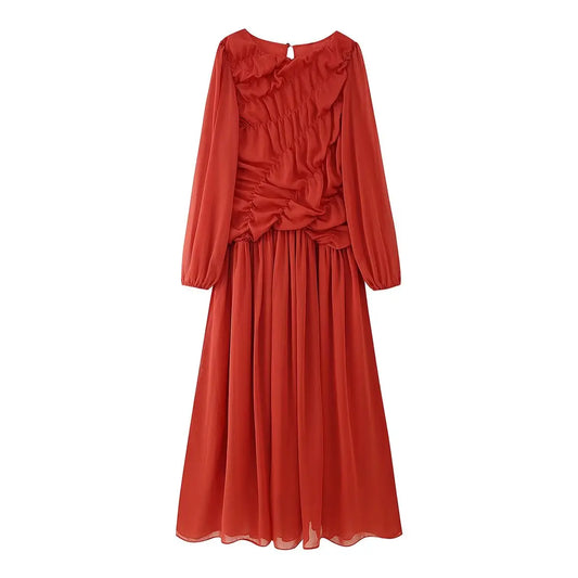 Carolin | Sommer Maxikleid Damen Langarm mit Rüschen-Detail