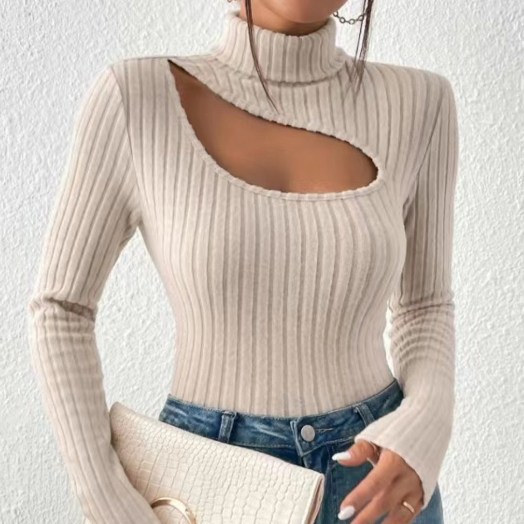 Julia | Damen Cut Out Rippstrick Rollkragen Top