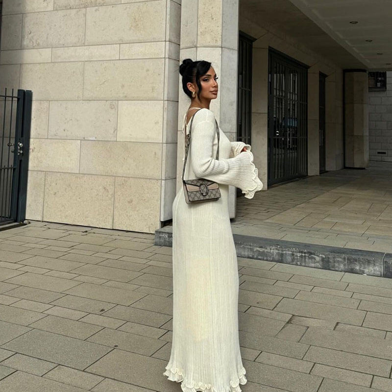 Johanna | Lange Rippkleid mit Trompetärmeln Damen