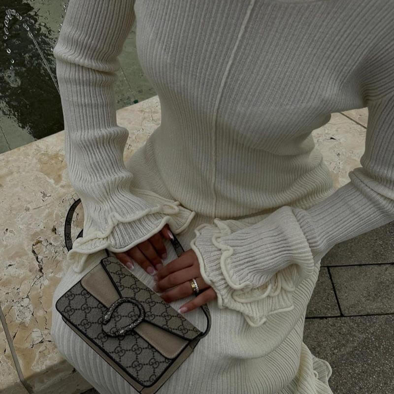 Johanna | Lange Rippkleid mit Trompetärmeln Damen