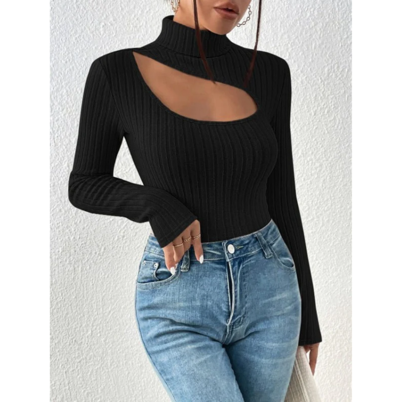 Julia | Damen Cut Out Rippstrick Rollkragen Top
