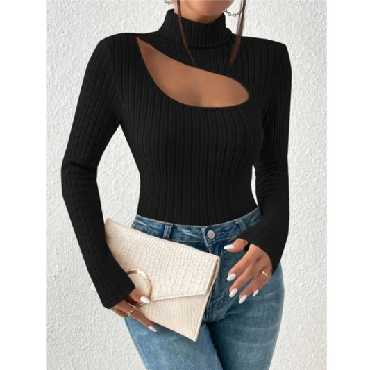 Julia | Damen Cut Out Rippstrick Rollkragen Top