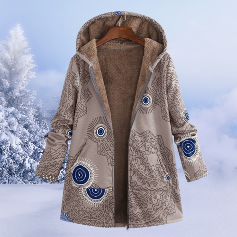 Gabriela | Damen Wintermantel mit Kapuze und Blumenmuster