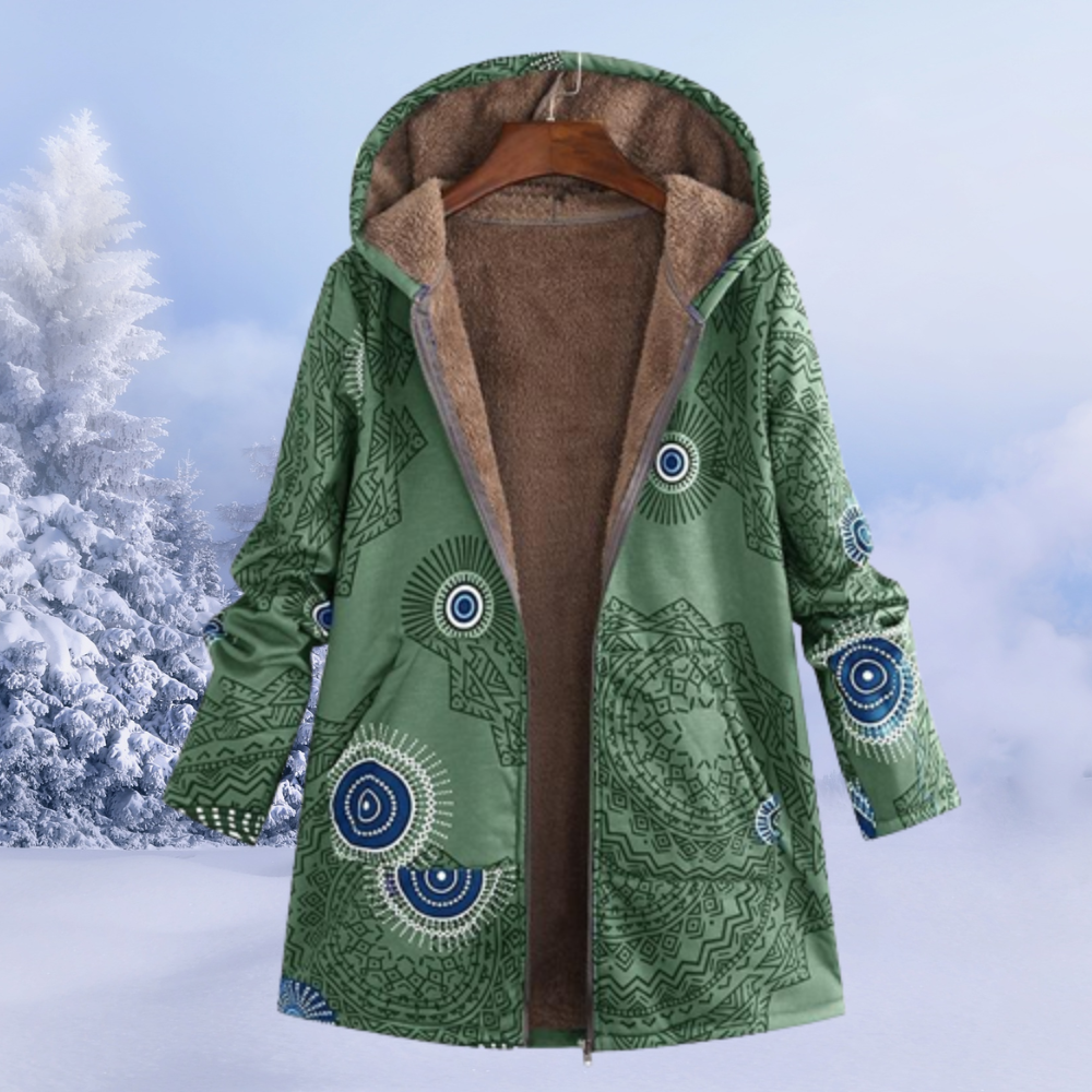 Gabriela | Damen Wintermantel mit Kapuze und Blumenmuster