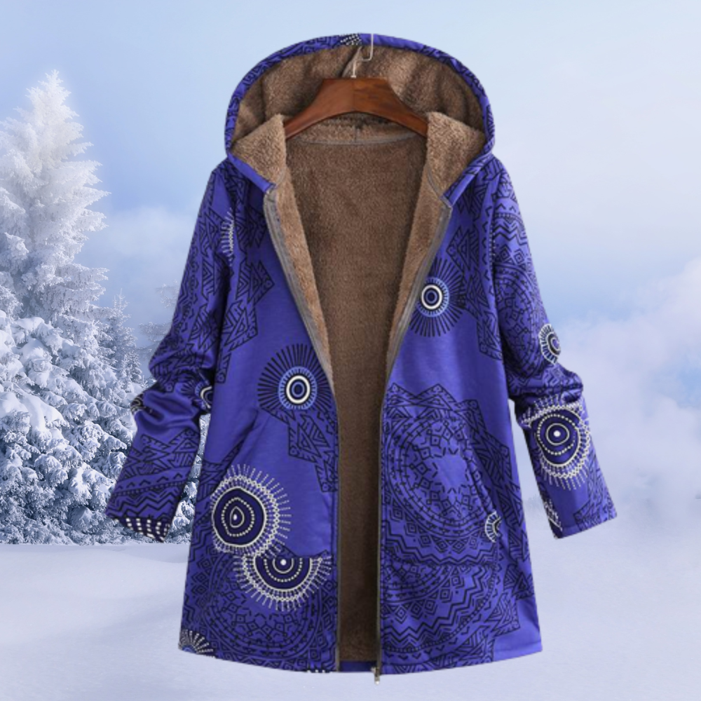 Gabriela | Damen Wintermantel mit Kapuze und Blumenmuster