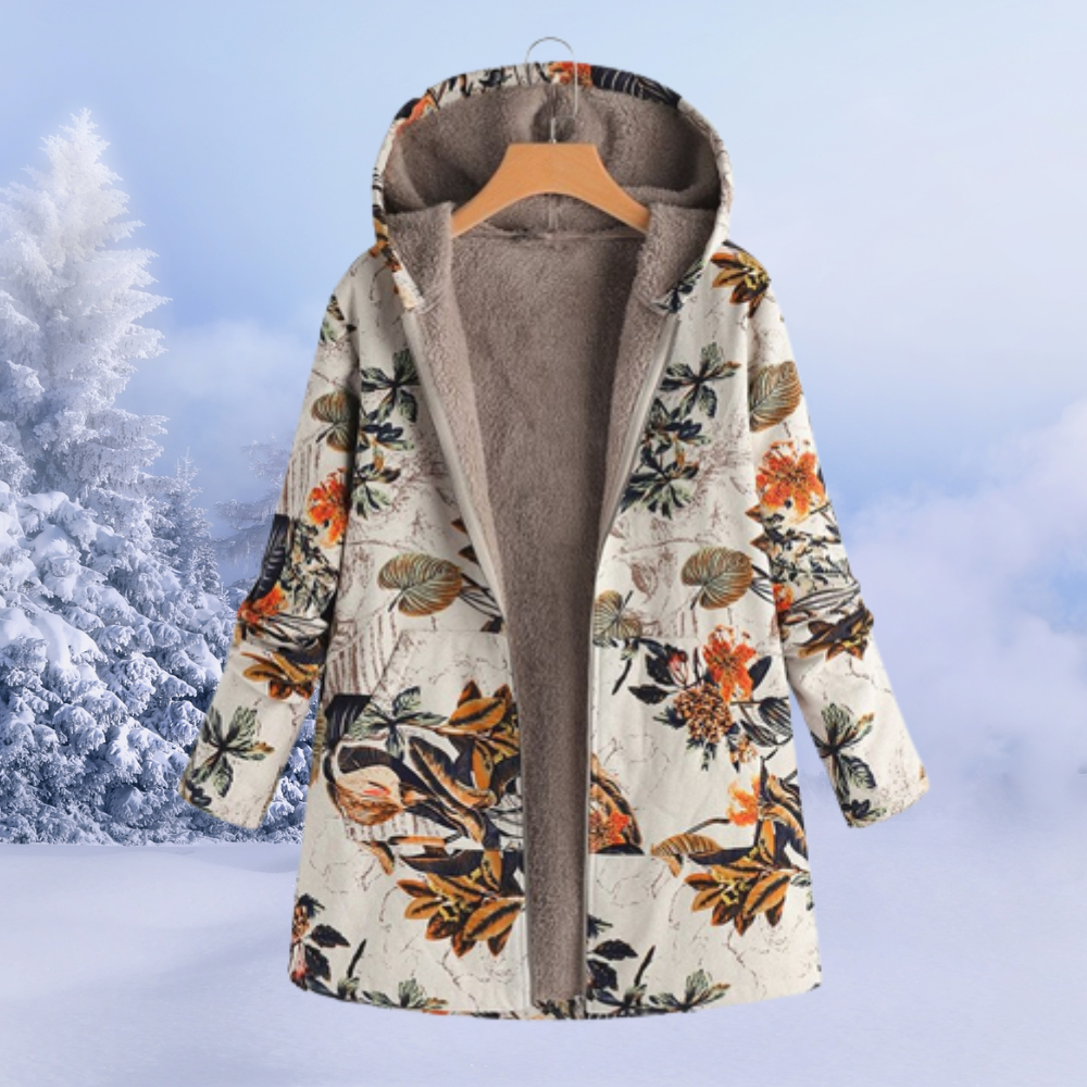 Gabriela | Damen Wintermantel mit Kapuze und Blumenmuster