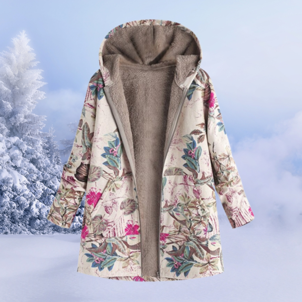 Gabriela | Damen Wintermantel mit Kapuze und Blumenmuster