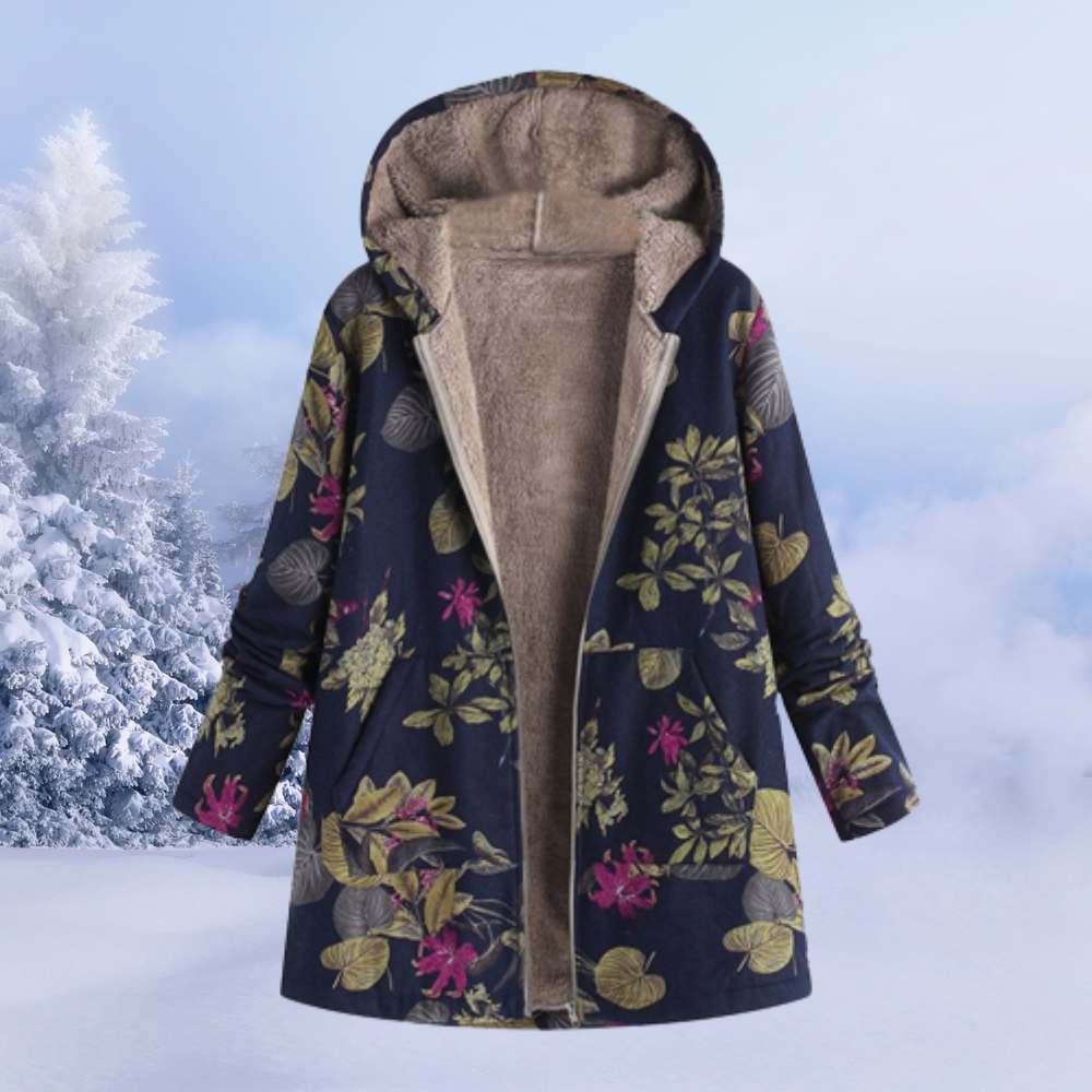 Gabriela | Damen Wintermantel mit Kapuze und Blumenmuster
