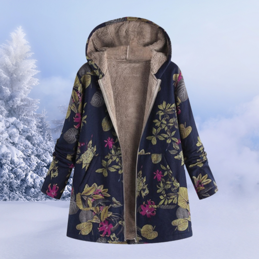Gabriela | Damen Wintermantel mit Kapuze und Blumenmuster