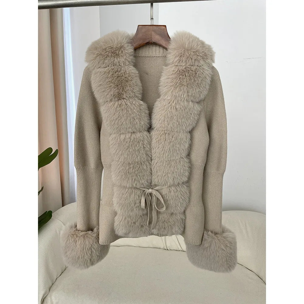 Edith | Damen Cardigan mit Kunstpelzbesatz und Bindegürtel