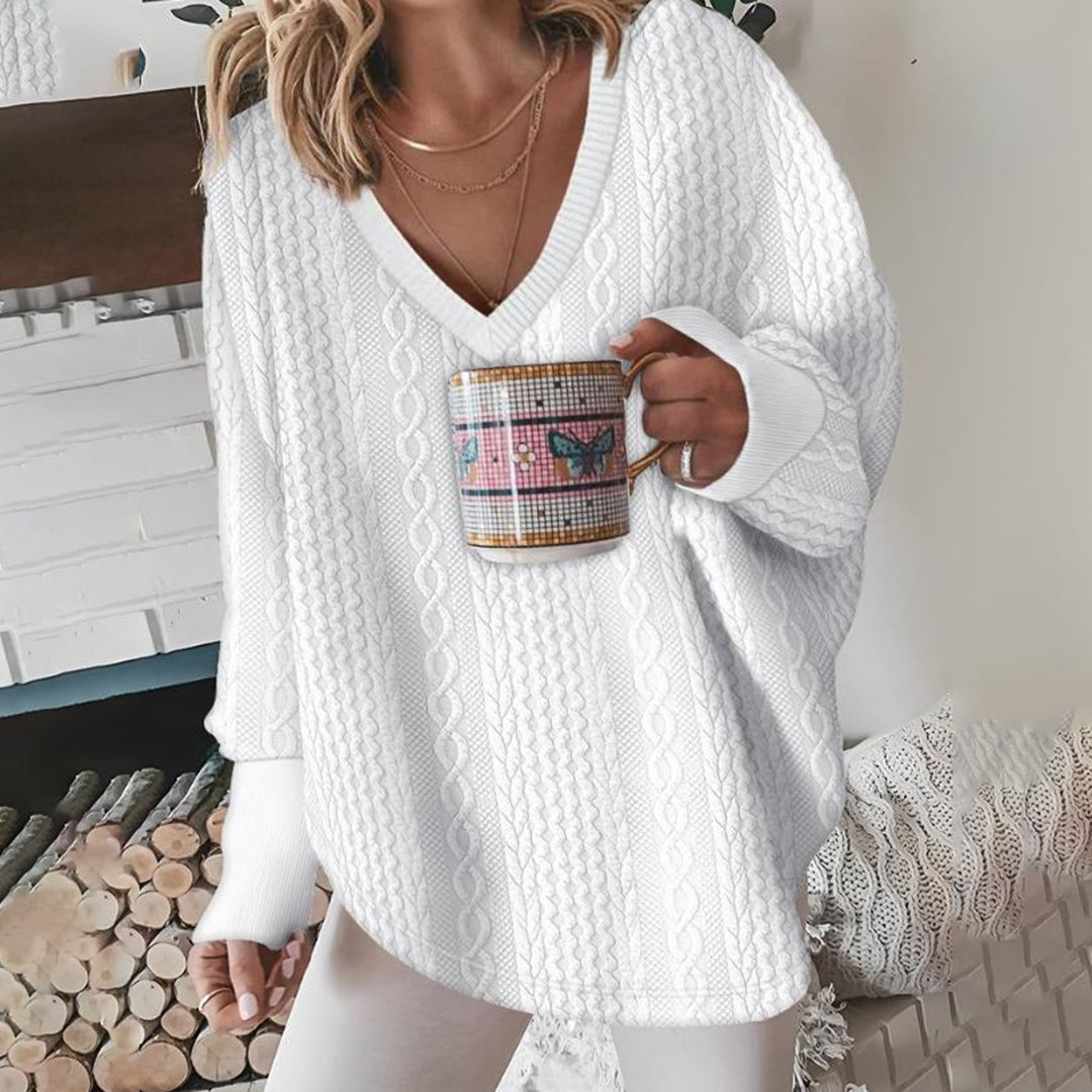 Emilia | Damen Winterpullover mit Zopfmuster und V-Ausschnitt