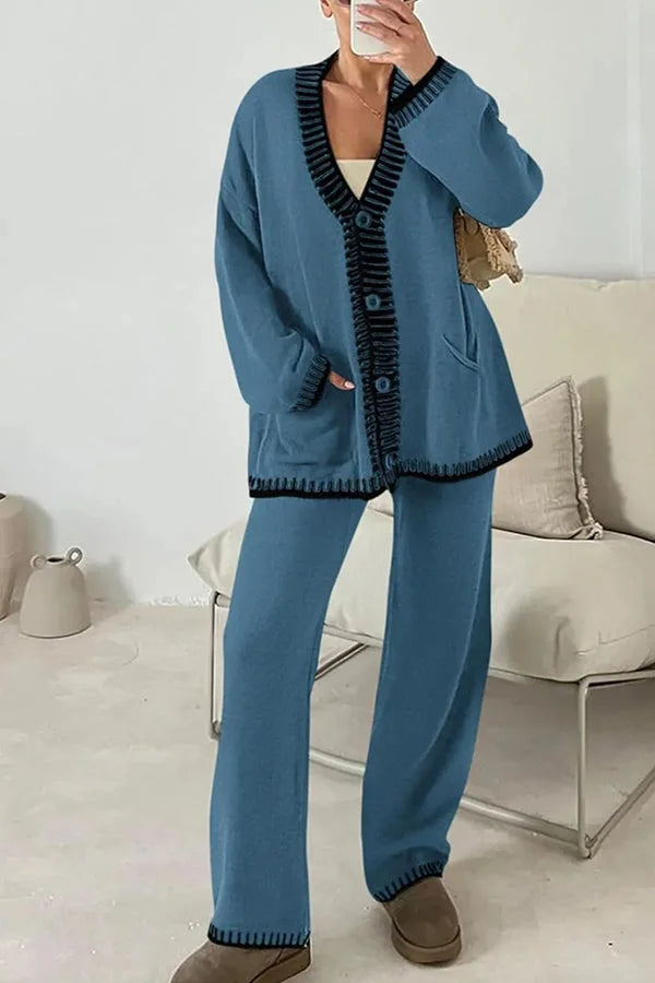 Claudia | Damen Strick-Loungewear-Set mit Knopfpullover und Weiten Hosen