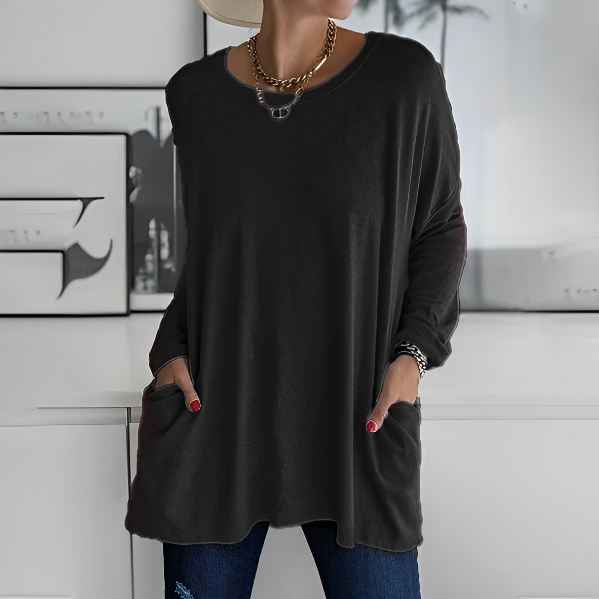 Kerstin | Stylischer Langer Pullover mit Taschen