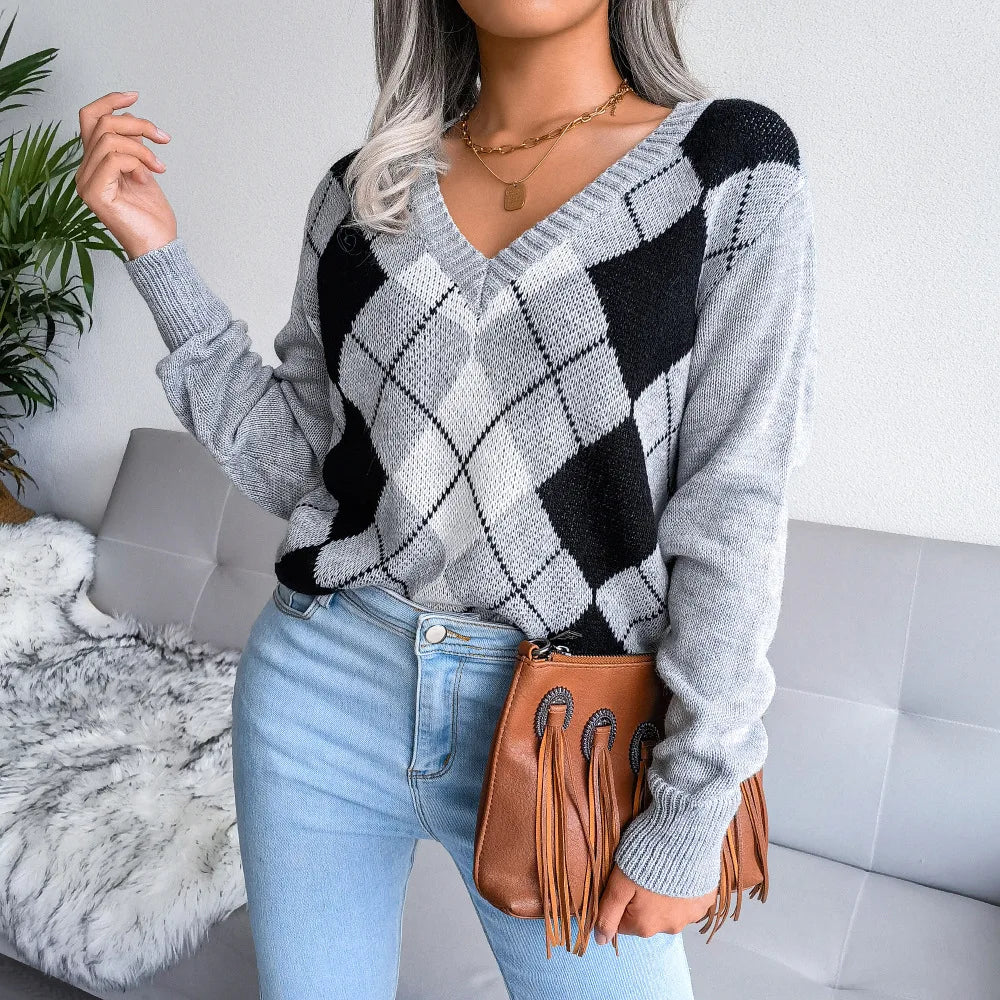 Barbara | Damen Winter-Strickpullover mit Rautenmuster und lockerer Passform