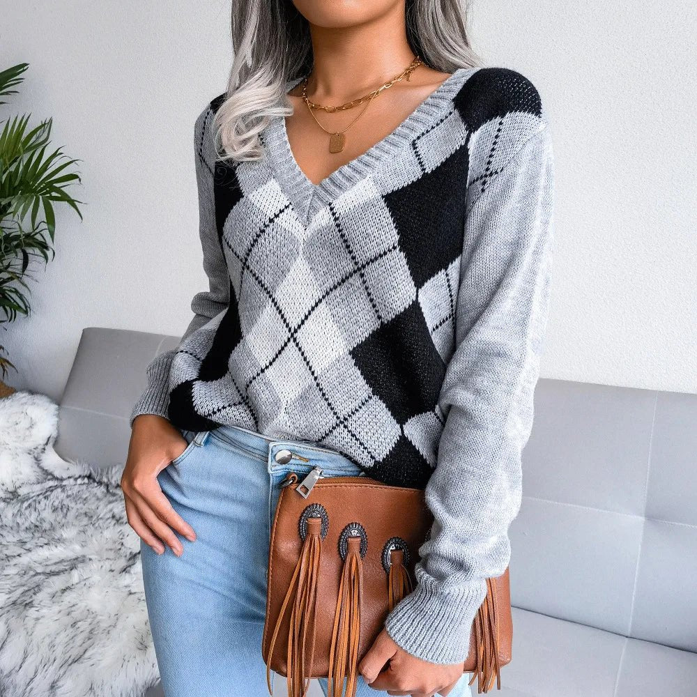 Barbara | Damen Winter-Strickpullover mit Rautenmuster und lockerer Passform