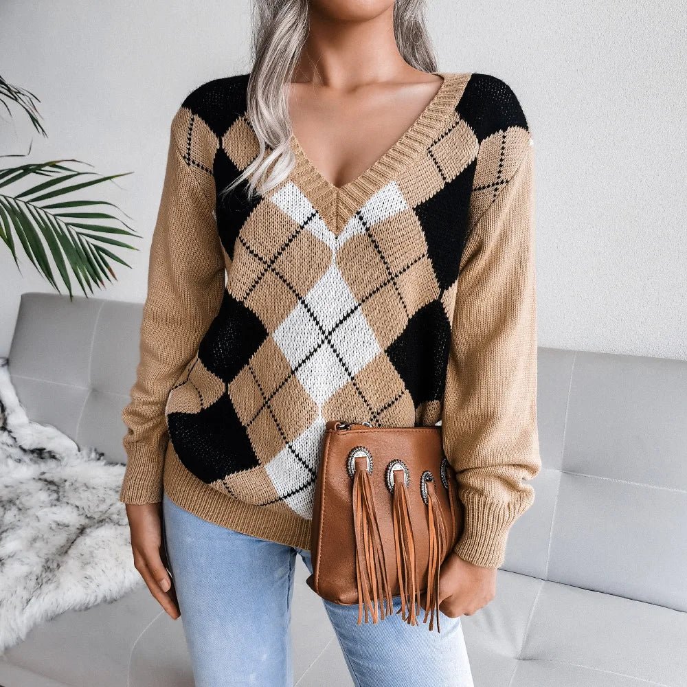 Barbara | Damen Winter-Strickpullover mit Rautenmuster und lockerer Passform