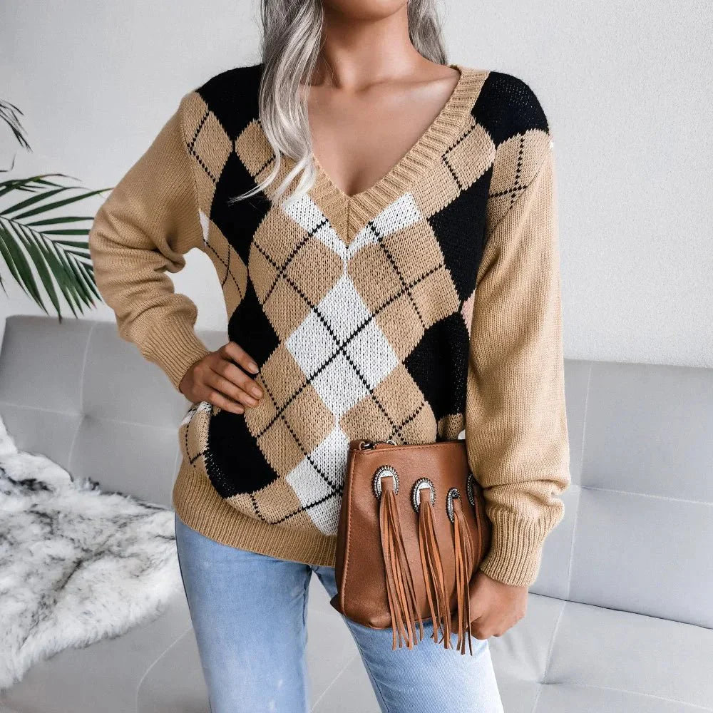 Barbara | Damen Winter-Strickpullover mit Rautenmuster und lockerer Passform