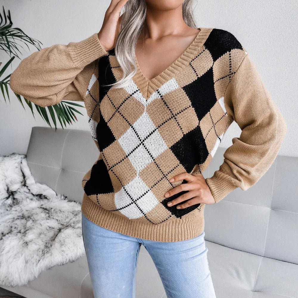 Barbara | Damen Winter-Strickpullover mit Rautenmuster und lockerer Passform