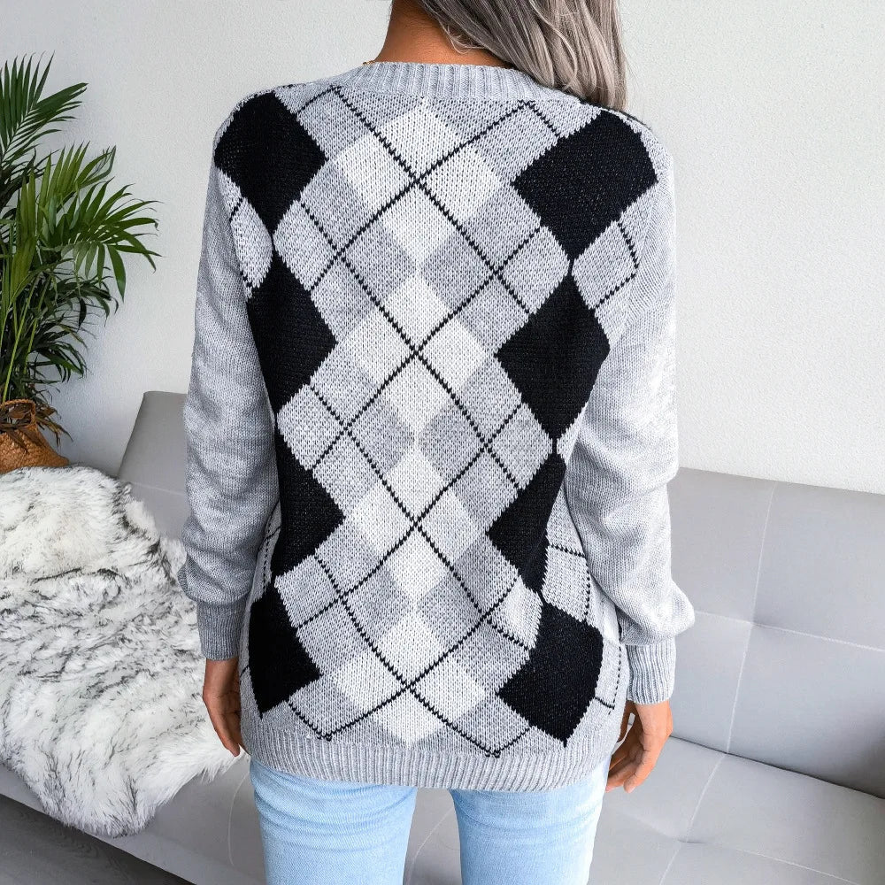 Barbara | Damen Winter-Strickpullover mit Rautenmuster und lockerer Passform
