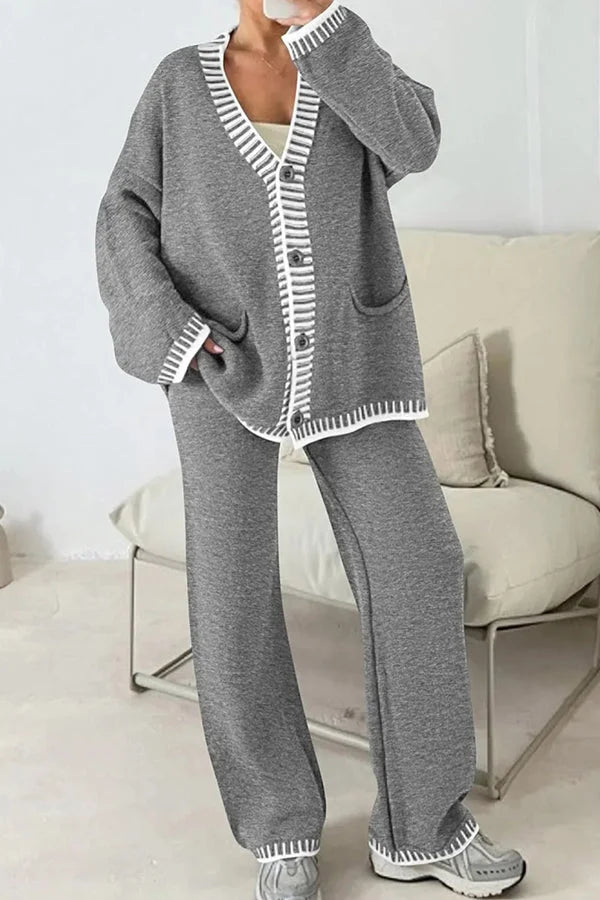 Claudia | Damen Strick-Loungewear-Set mit Knopfpullover und Weiten Hosen
