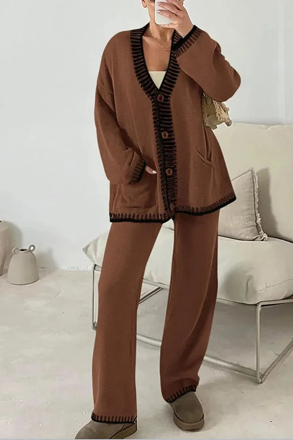 Claudia | Damen Strick-Loungewear-Set mit Knopfpullover und Weiten Hosen