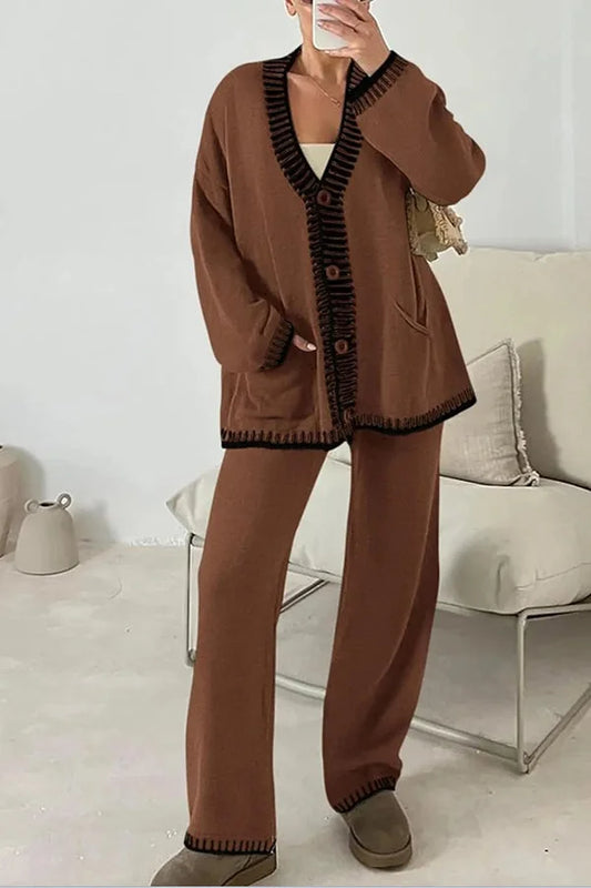 Claudia | Damen Strick-Loungewear-Set mit Knopfpullover und Weiten Hosen