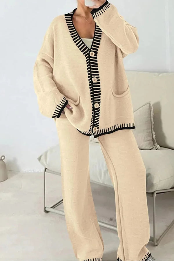 Claudia | Damen Strick-Loungewear-Set mit Knopfpullover und Weiten Hosen