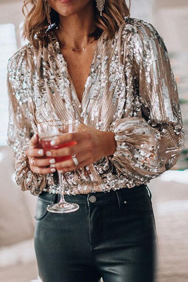 Daniela | Glitzerndes Glamour Top mit V-Ausschnitt