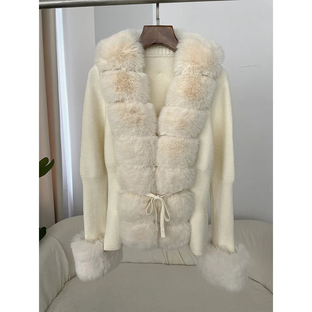 Edith | Damen Cardigan mit Kunstpelzbesatz und Bindegürtel