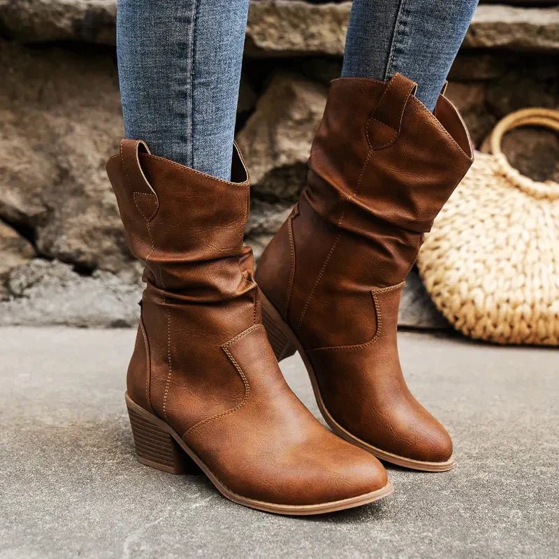 Carolin | Damen Slouch Mid Calf Stiefel mit Blockabsatz