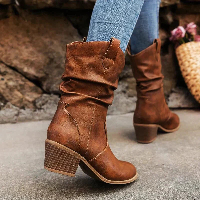 Carolin | Damen Slouch Mid Calf Stiefel mit Blockabsatz