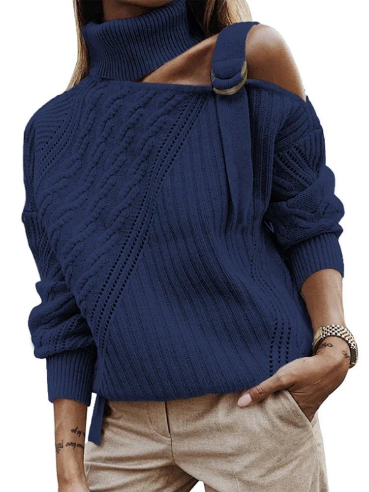 Felicia | Damen Winter-Strickpullover mit Off-Shoulder und Schnalle