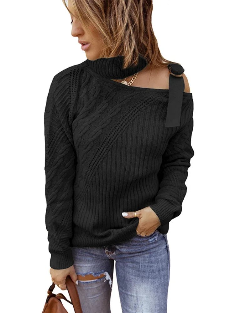 Felicia | Damen Winter-Strickpullover mit Off-Shoulder und Schnalle