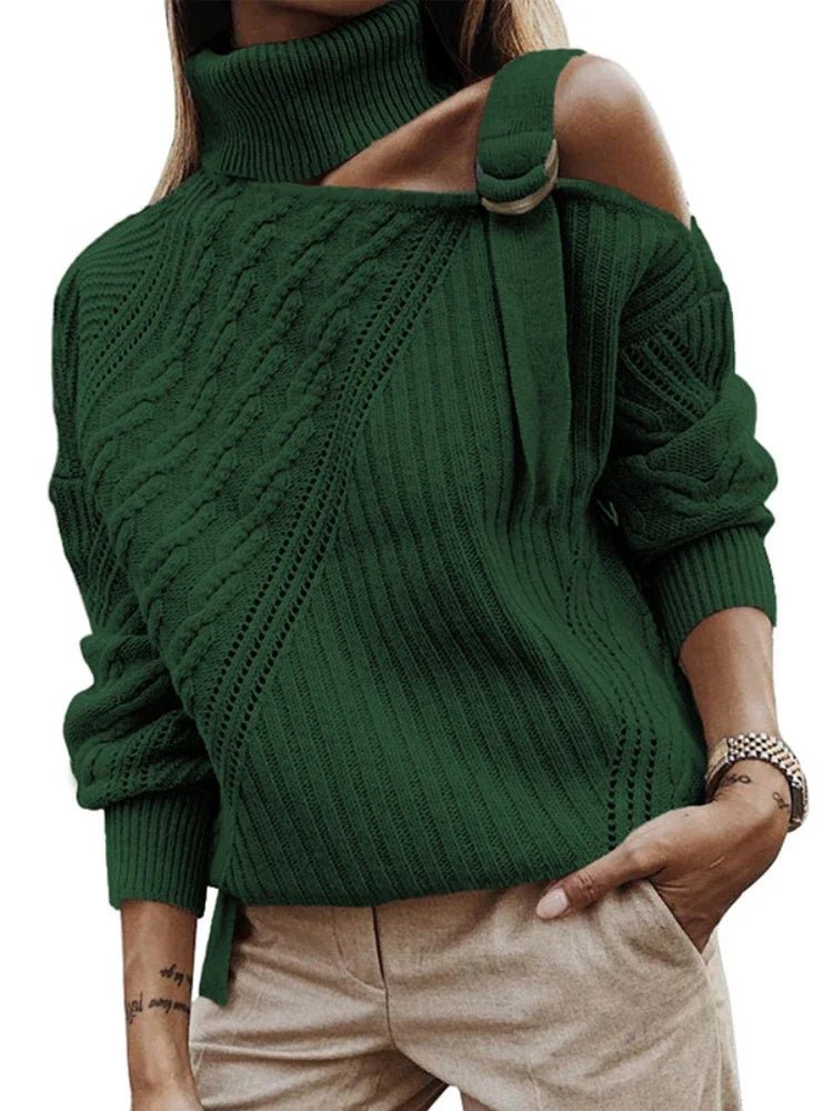 Felicia | Damen Winter-Strickpullover mit Off-Shoulder und Schnalle