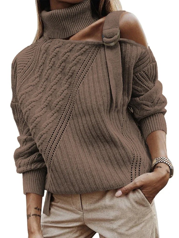 Felicia | Damen Winter-Strickpullover mit Off-Shoulder und Schnalle