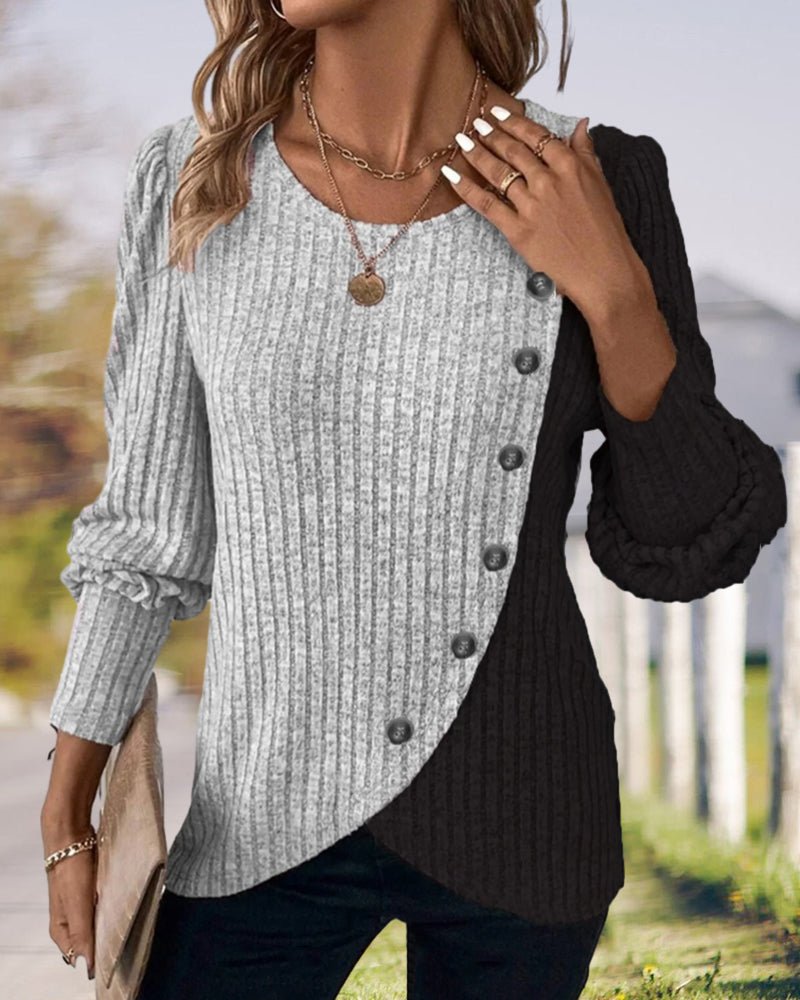 Eva | Damen Rippen-Strickshirt mit Knopfleiste