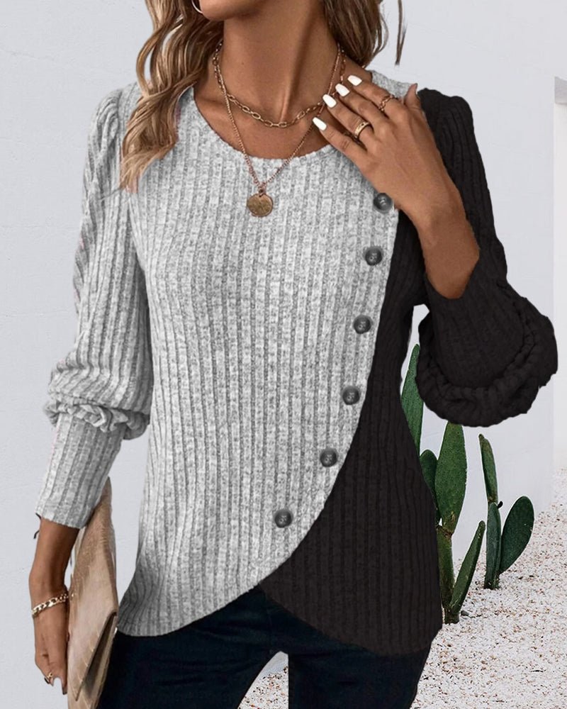 Eva | Damen Rippen-Strickshirt mit Knopfleiste