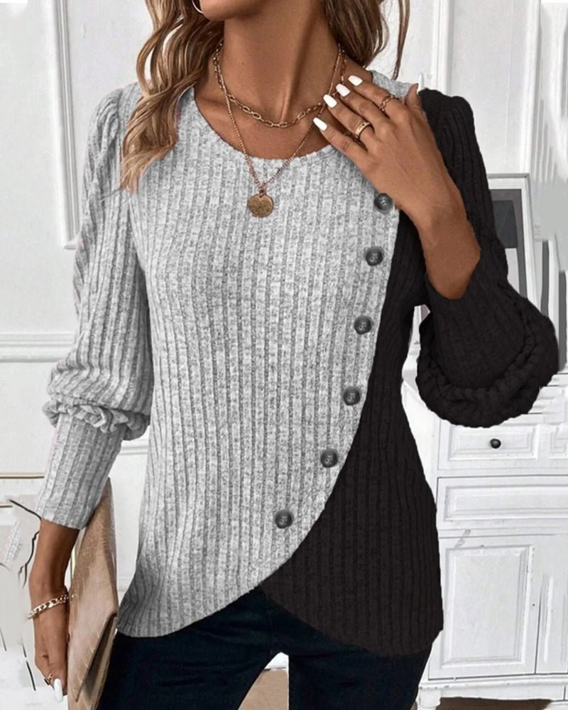 Eva | Damen Rippen-Strickshirt mit Knopfleiste