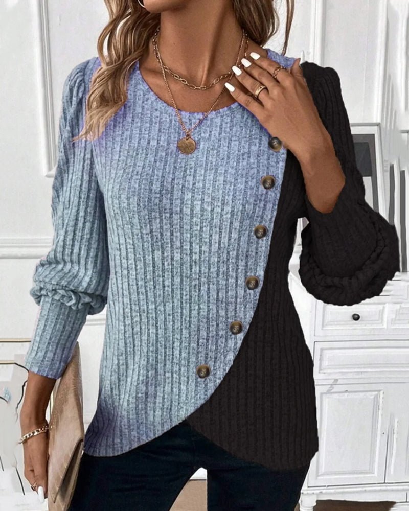 Eva | Damen Rippen-Strickshirt mit Knopfleiste