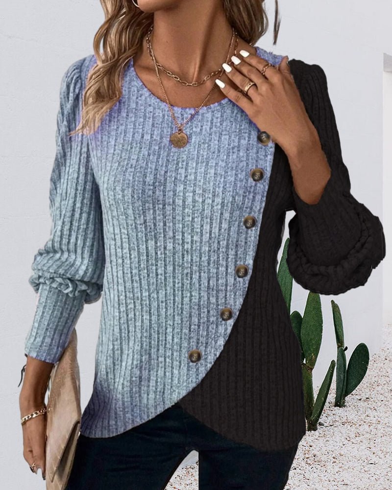 Eva | Damen Rippen-Strickshirt mit Knopfleiste