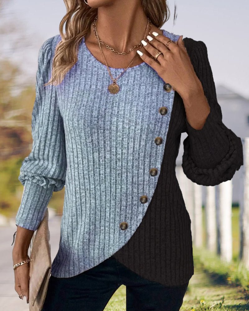 Eva | Damen Rippen-Strickshirt mit Knopfleiste