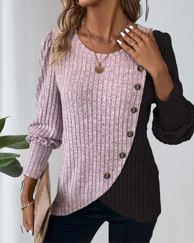 Eva | Damen Rippen-Strickshirt mit Knopfleiste